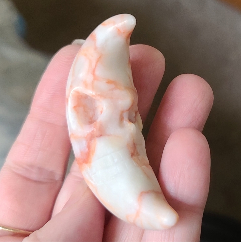 Coral agate handcarved crystal half 🌙 moon skull